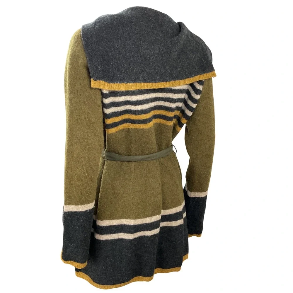 Angel of the North Striped Belted Cardigan Sweater Olive‎ Green Grey Mustard M